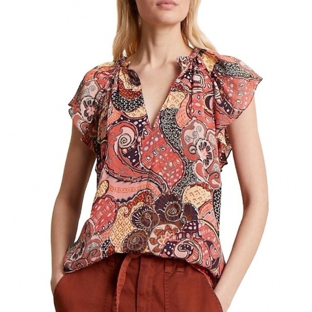 A.L.C. June 100% Silk Paisley Print Flutter Sleeve V-Neck Top Size 10